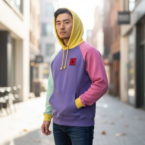 Teddy Fresh Hoodie Mens Large Colorblock Pullover Bear Patch Sweatshirt Logo - Picture 1 of 6